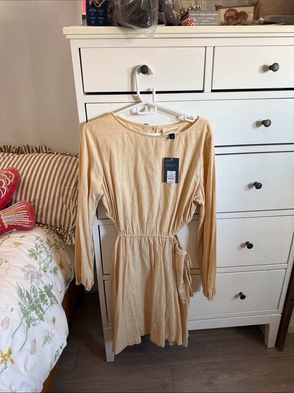 Universal Thread Long Sleeve Drawstring Waist Dress - Beige
